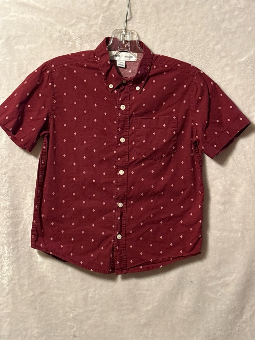 Old Navy Boys' Short-Sleeve Button-Down in Burgundy with White Diamond Print